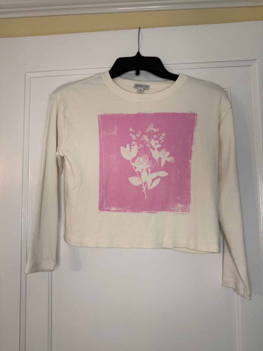 Crewcuts Girls Tee M 8/9 Cream Ribbed Floral Top | Long Sleeve Shirt